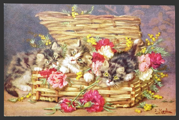 Kittens in Flower Basket ~ Daniel Merlin Postcard