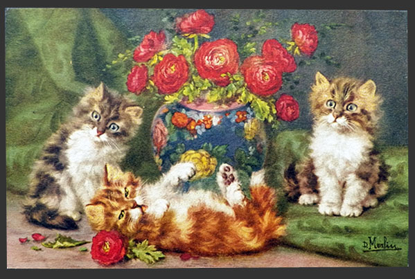 Kittens & Vase of Roses ~ Daniel Merlin Postcard