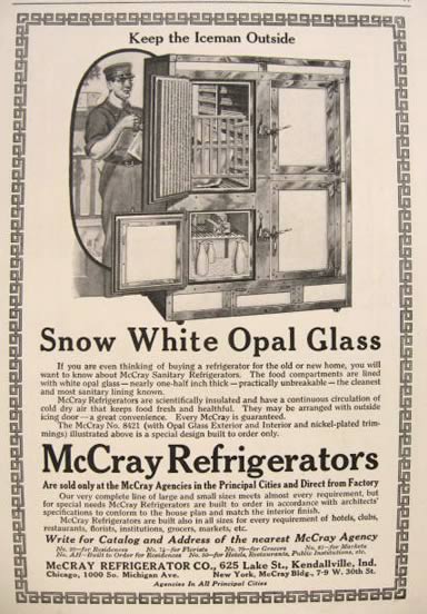 1916 McCray Refrigerator Ad ~ White Opal Glass