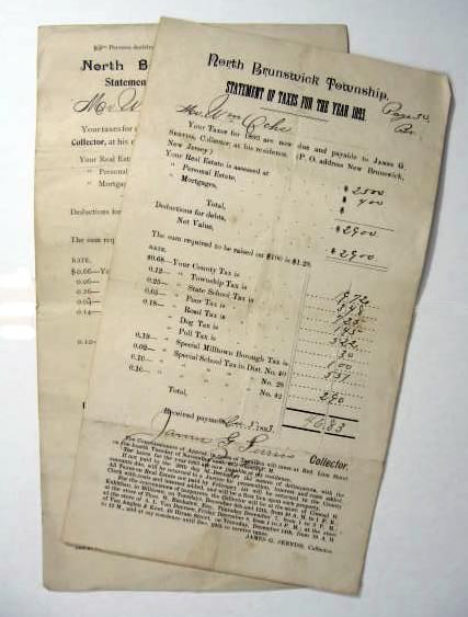 North Brunswick, NJ ~ 1893 & 1896 Tax Statement
