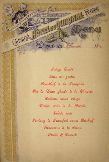 1899 Antique Dinner Menu from Grand Hotel du Quirinal, Rome