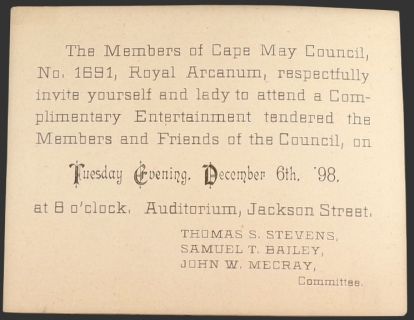 1898 Fraternal Invitation ~ Cape May Council No. 1691