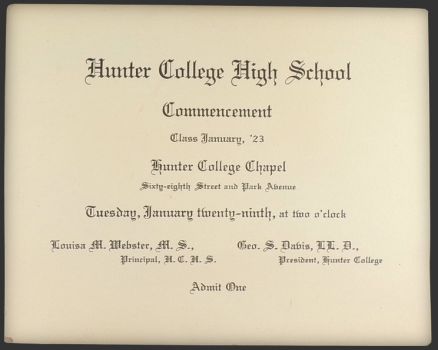 1923 Hunter College High School ~ Graduation Admission Ticket