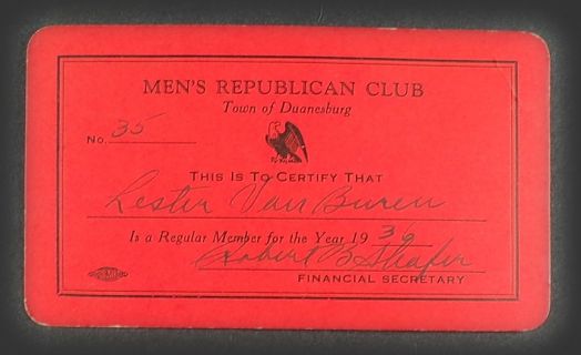 Vintage 1936 Men's Republican Club Membership Card ~ Duanesburg, NY