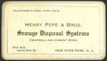 Vintage Business Card ~ Henry Pepe Sewage Disposal ~ New Hyde Park NY