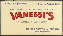 Vanessi's Restaurant, San Francisco ~ Vintage Business Card