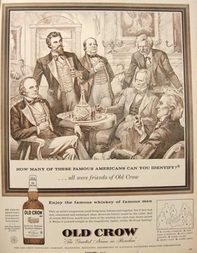 1957 Old Crow Whiskey Ad ~ Daniel Webster, Mark Twain