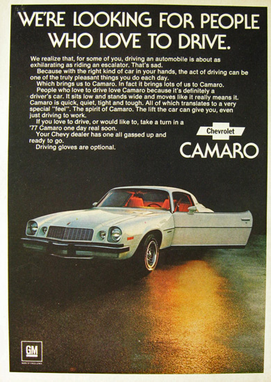 1976 Vintage Chevy Camaro Ad ~ For People Who Love to Drive