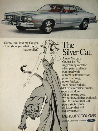 1976 Vintage Mercury Cougar Ad ~ Silver Cat