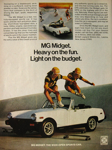 1978 MG Midget Car Ad ~ Skateboarders