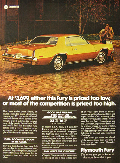 1976 Vintage Plymouth Fury Ad ~ Priced Too Low