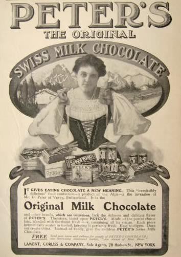 1904 Peter's Chocolate Ad ~ Swiss Maiden, Vintage Packaging