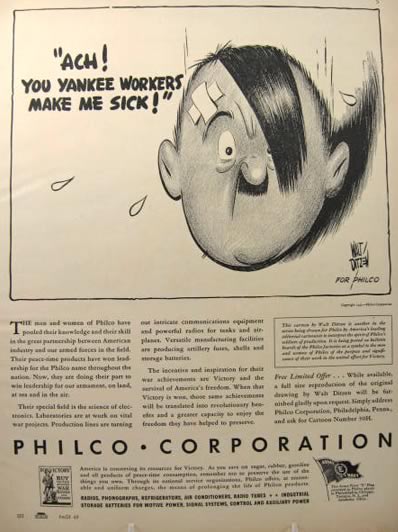 1943 WWII Philco Ad ~ Walt Ditzen ~ Hitler Cartoon
