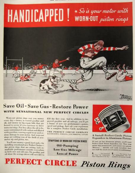 1934 Perfect Circle Piston Rings Ad ~ Tony Sarg Art