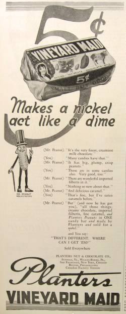 1926 Planters Vineyard Maid Candy Bar Ad
