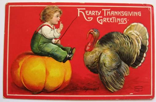 Ellen Clapsaddle Thanksgiving Postcard ~ Boy on Pumpkin with Turkey