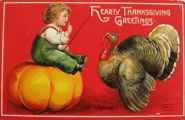 Ellen Clapsaddle Thanksgiving Postcard ~ Boy on Pumpkin with Turkey
