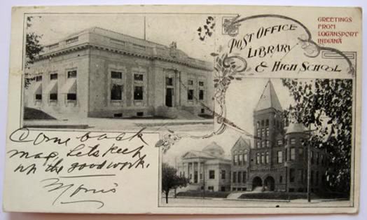 Logansport, IN Library, Post Office, & High School Postcard