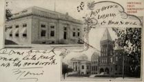 Logansport, IN Library, Post Office, & High School Postcard