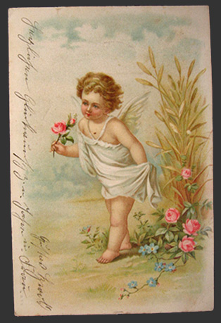Young Angel with Roses Vintage Foreign Postcard