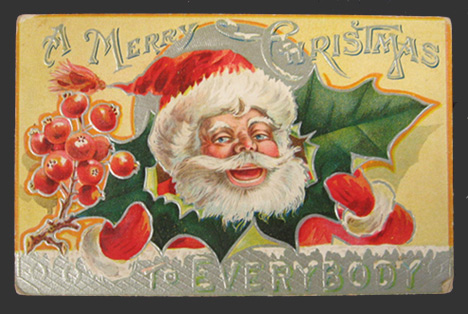 Vintage Christmas Postcard ~ Santa Head Through Leaf