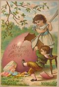 Vintage Hildesheimer Easter Greeting Card ~ Kids with Large Egg & Spoon