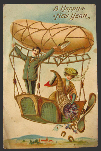 Couple in Airship with Cornucopia New Year Postcard