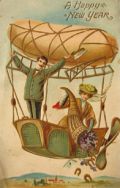 Couple in Airship with Cornucopia New Year Postcard