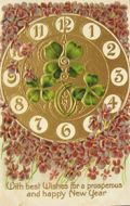 Clock with Four leaf Clover ~ Vintage New Year Postcard