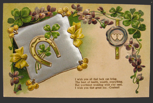 4 Leaf Clover & Horseshoe ~ Wedding Wishes Vintage Quilted Postcard