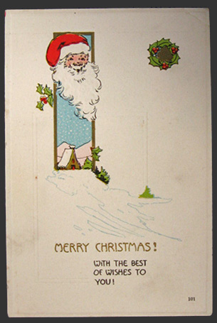 Vintage Christmas Postcard ~ Santa & Wreath