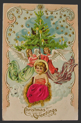 Angels with Tree & Baby Jesus ~ Vintage Christmas Postcard