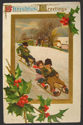 Vintage Christmas Postcard ~ Sledders