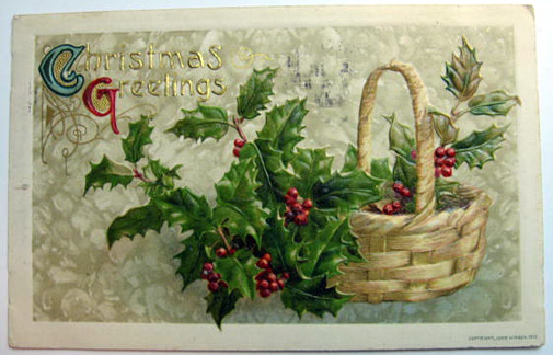 Christmas Greeting Basket of Holly Postcard