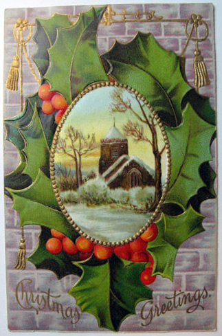 Christmas Greetings Holly Leaves Postcard