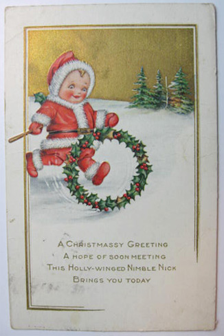 Adorable Child Rolls Christmas Wreath Postcard