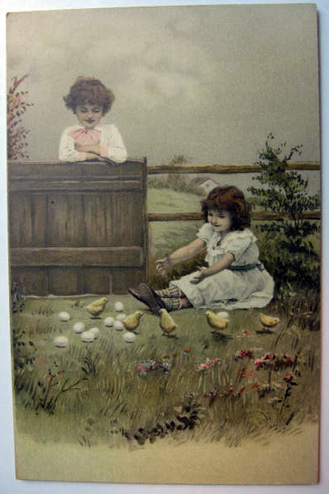 Two Young Girls with Baby Chicks & Eggs Postcard