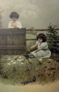 Two Young Girls with Baby Chicks & Eggs Postcard