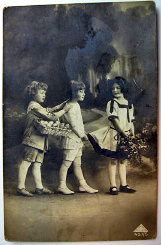 Easter Children w/ Basket of Eggs Real Photo Postcard