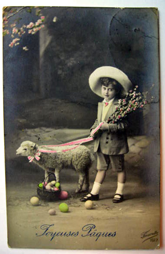 Easter Boy with Lamb, Eggs Real Photo French Postcard