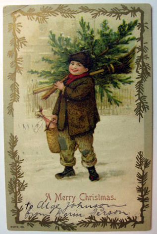 A Merry Christmas ~ Boy with Tree, Broom Postcard
