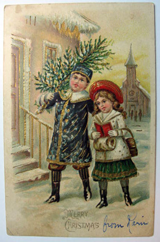 Merry Christmas Children with Tree Postcard