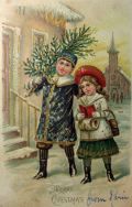 Merry Christmas Children with Tree Postcard