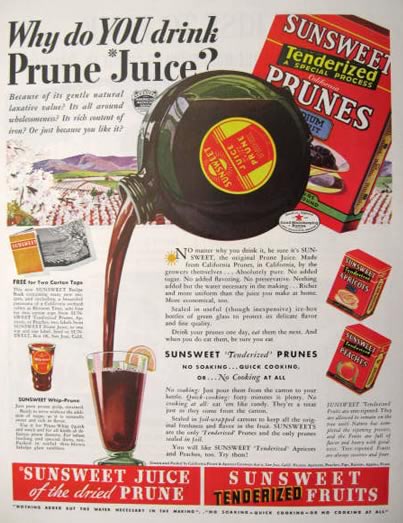 1935 Sunsweet Prune Juice Ad ~ Great Old Round Bottle