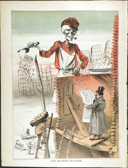 1880 Puck Magazine Color Print ~ The Modern Builder, Skeleton