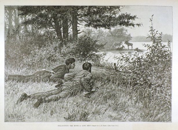 1883 Moose Hunting Antique Print ~ A.B. Frost ~ Harper's Weekly