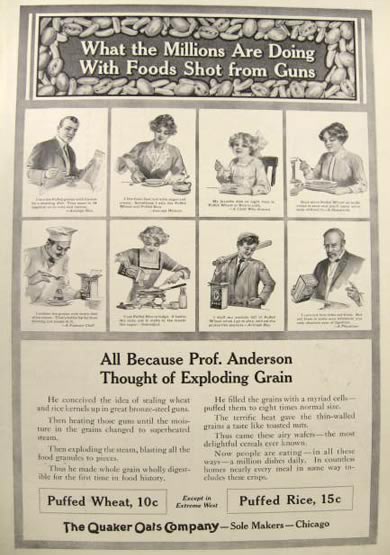 1912 Quaker Puffed Wheat & Rice Ad ~ Food Shot From Guns