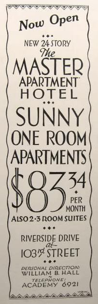 1929 Master Apartment Hotel Ad ~ Riverside Drive, NY