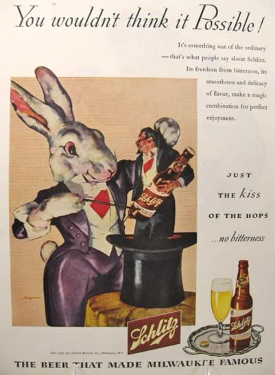 1945 Schlitz Beer Ad ~ Giant Rabbit Pulls Magician From Hat