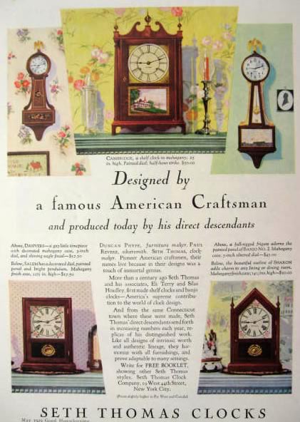1929 Seth Thomas Clock Ad ~ Cambridge, Danvers, Salem, Banjo, Sharon